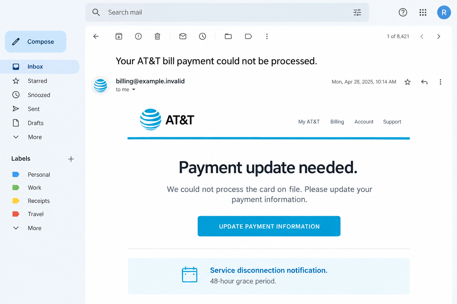 Illustrative AT&T billing email asking for updated payment information and claiming a short grace period