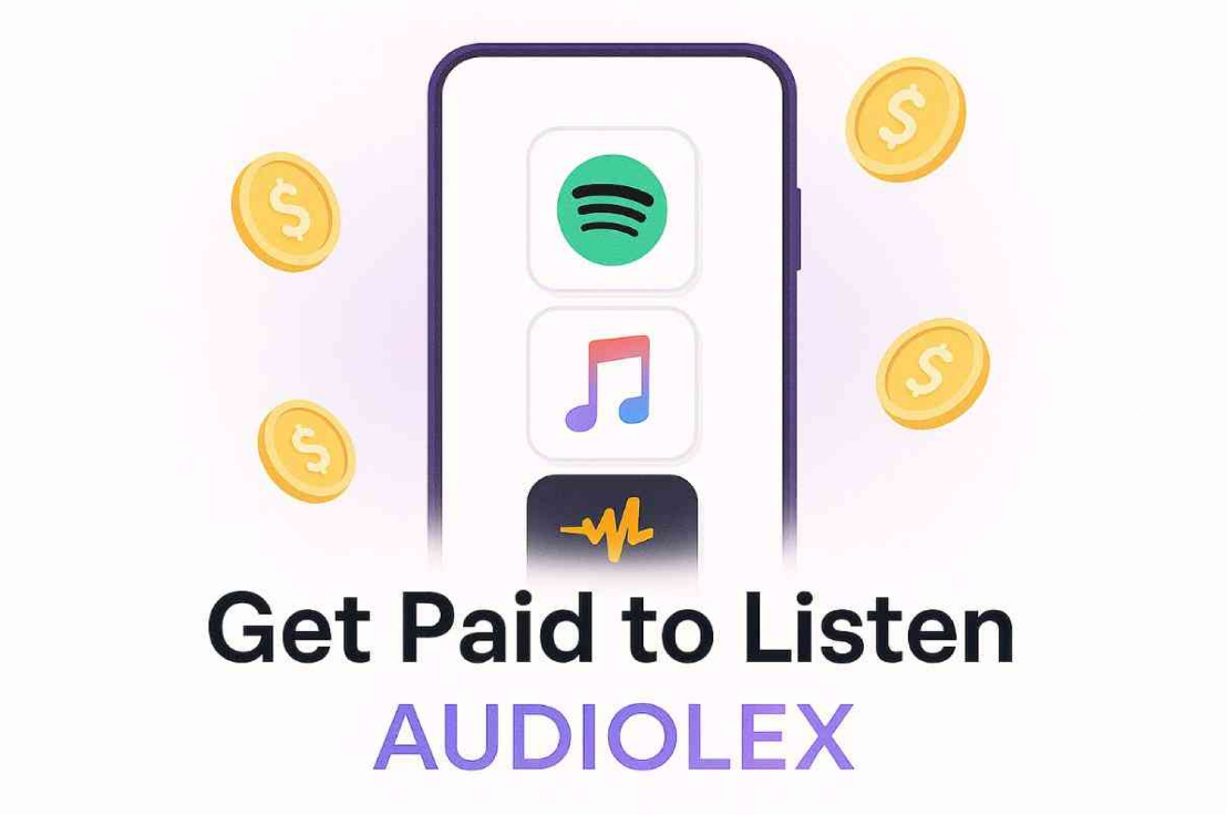 Archived Audiolex homepage banner reading Get Paid to Listen with Spotify, Apple Music and Audiomack icons and gold coins