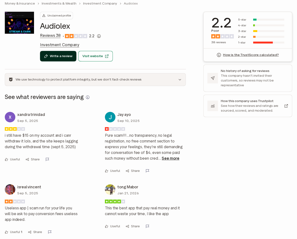 Audiolex Trustpilot profile rated 2.2 Poor from 38 reviews, with complaints about unpaid balances and $4 conversion fees