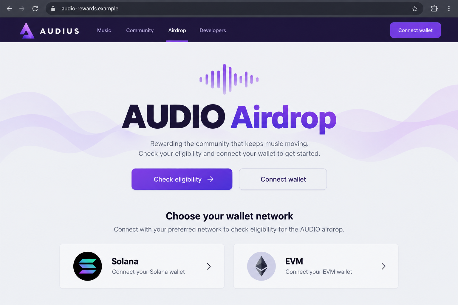 Original illustrative AUDIO airdrop page with a fictional domain and Solana and EVM wallet choices