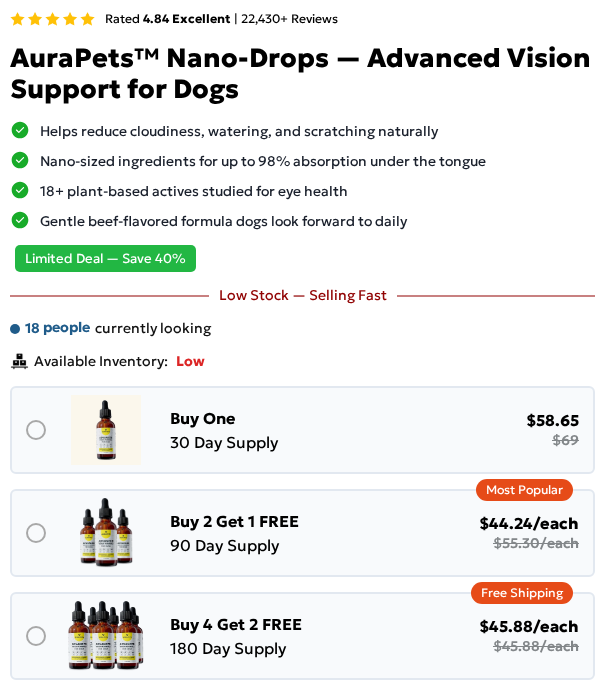 AuraPets Nano-Drops product page advertising vision support, 98% absorption and one, three or six-bottle offers