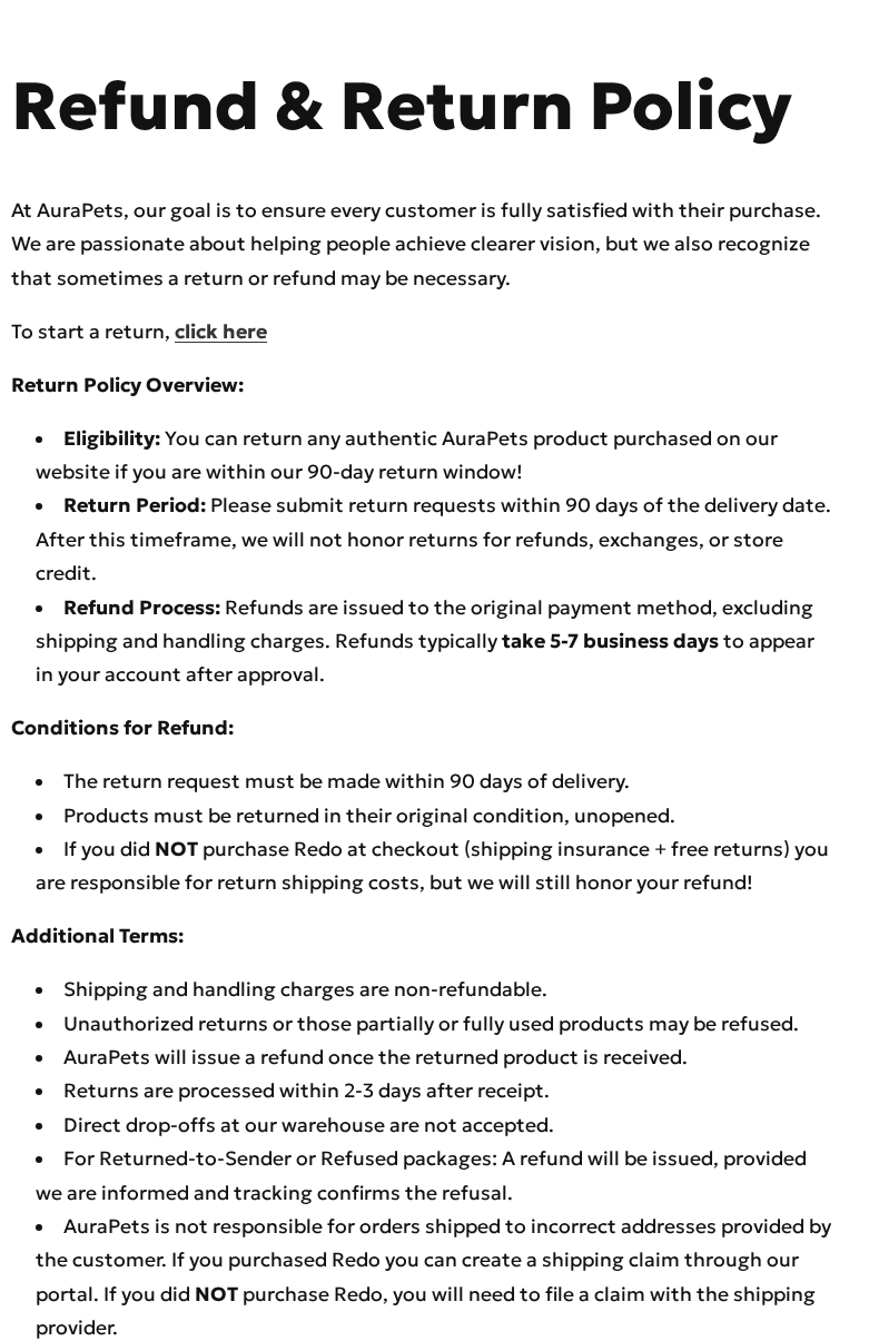 AuraPets refund policy requiring unopened products and customer-paid return shipping unless Redo coverage was purchased