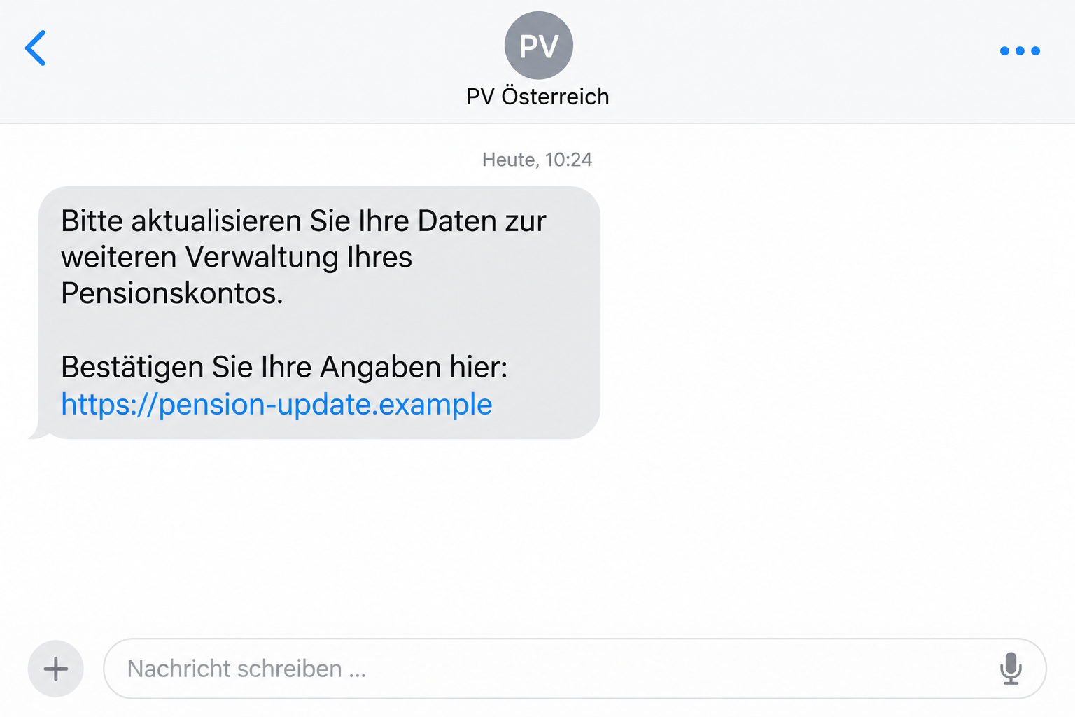 Austrian Pension Account Text Scam: Fake Updates Want Your Banking Data 1 Illustrated PV Austria impersonation text asking for pension account data updates through an example link