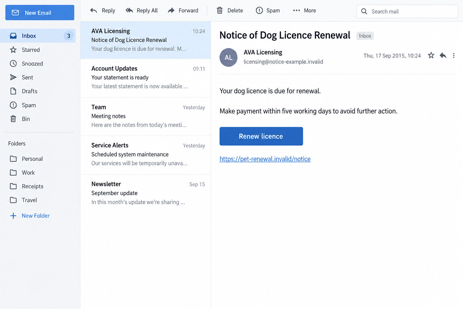 AVA Dog License Renewal Scam: The Fake Payment Notice Targeting Pet Owners 1 Illustrative fictional historical AVA dog-license renewal email with a five-working-day demand and a sample payment link