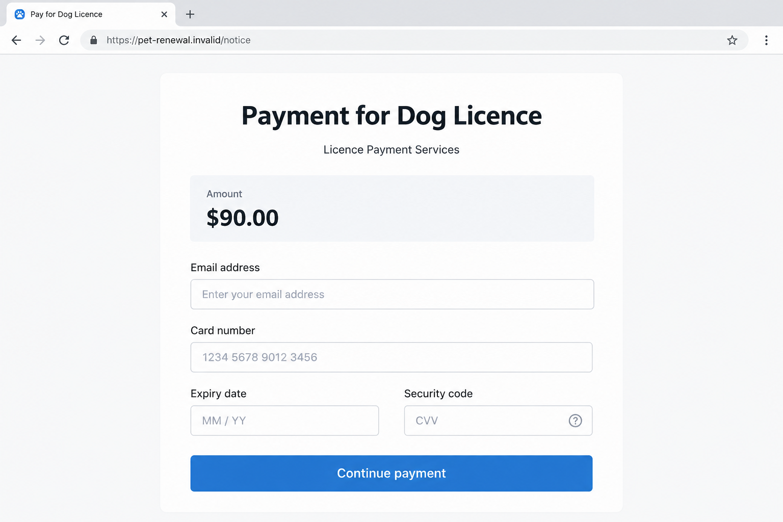 AVA Dog License Renewal Scam: The Fake Payment Notice Targeting Pet Owners 2 Illustrative fictional dog-license payment form showing a historical sample amount and unverified merchant identity
