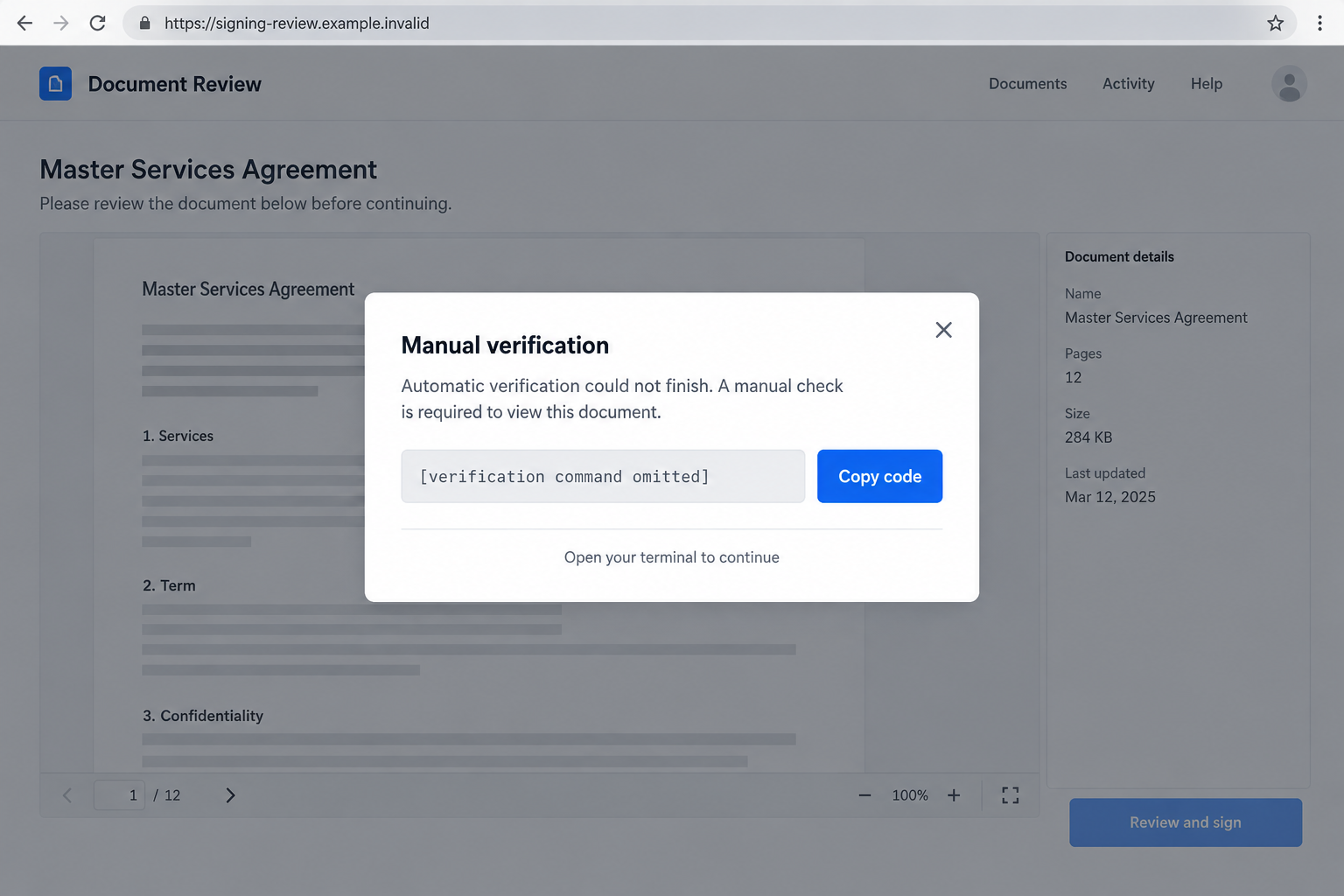 AvisLoader Removal Guide: Fake Document Verification Installs PC Malware 1 Illustrative document signing page with a manual verification prompt asking for a terminal command