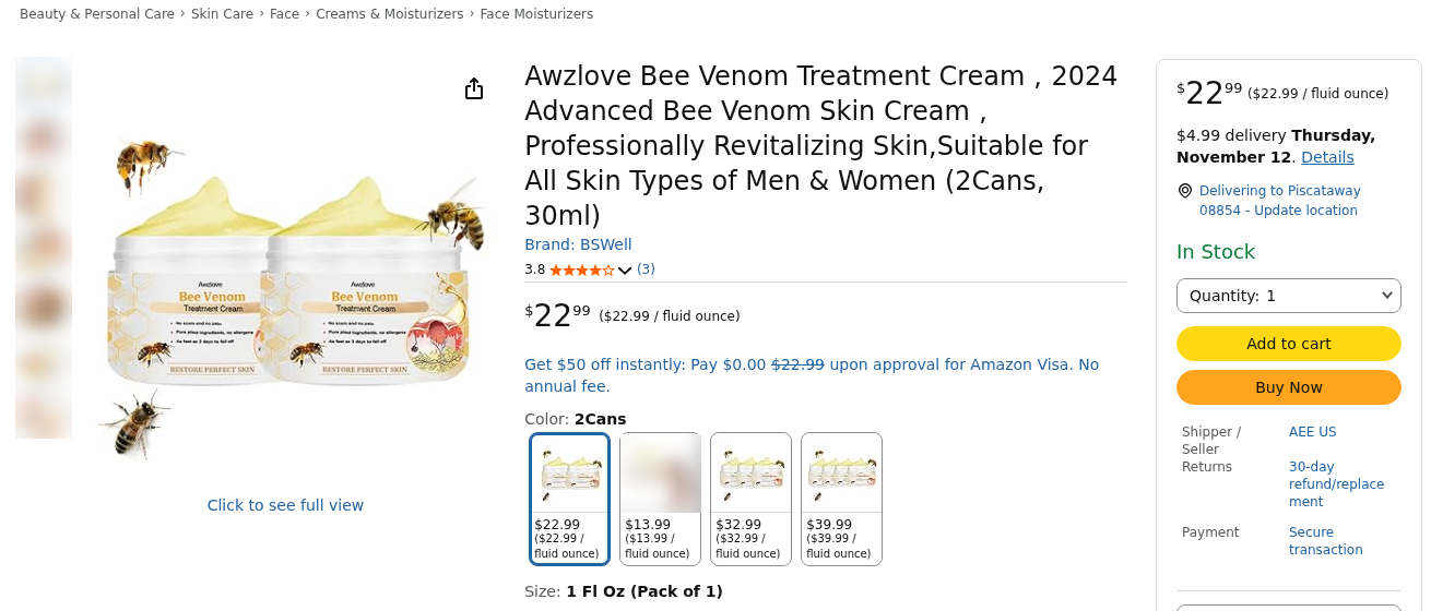 Amazon listing for Awzlove Bee Venom Treatment Cream sold under the brand BSWell at $22.99 for two cans, shipped and sold by AEE US, with small model thumbnails blurred