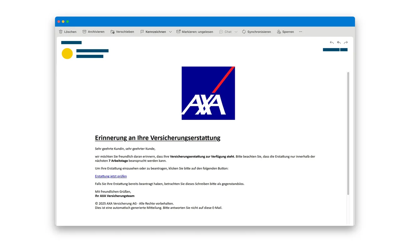 AXA Refund Email Scam: The Seven-Day Reminder That Wants Your Card Details 1 Fraudulent AXA insurance refund reminder email claiming seven working days to respond