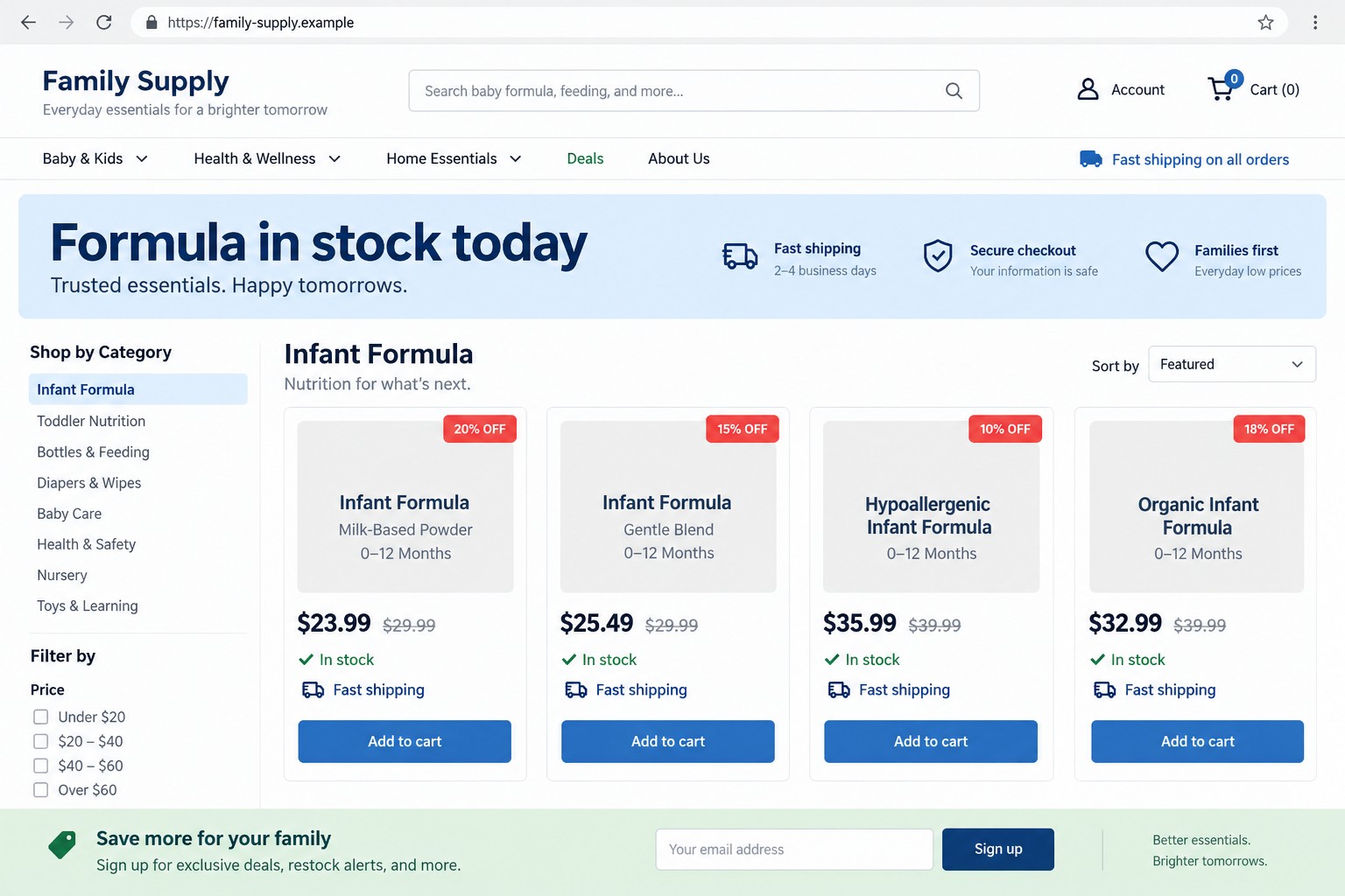 Baby Formula Store Scam: Fake Stock Listings and Risky Payment Demands 1 Fictional flat-screen infant formula storefront showing in-stock listings at a nonfunctional example domain