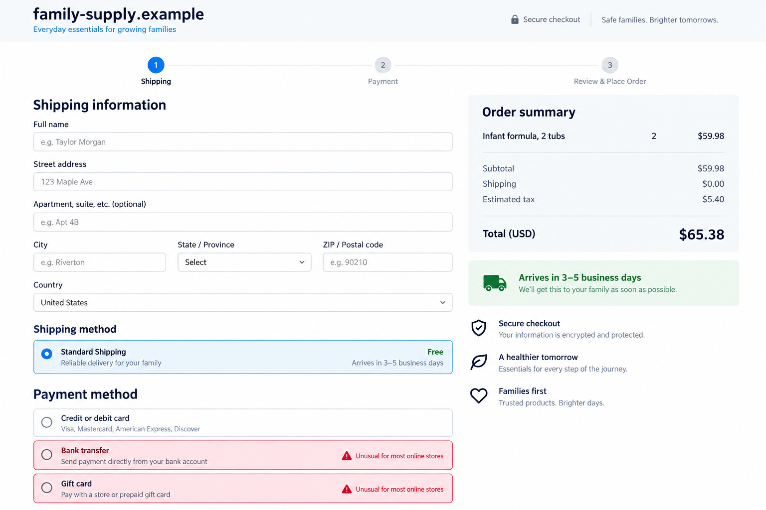 Baby Formula Store Scam: Fake Stock Listings and Risky Payment Demands 2 Fictional flat-screen baby formula checkout showing bank transfer and gift card payment options