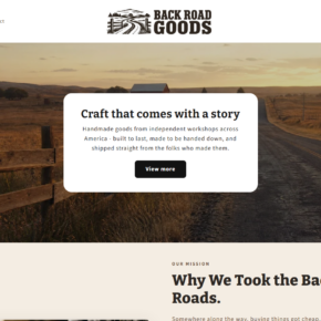 Back Road Goods homepage promising handmade products from independent American workshops