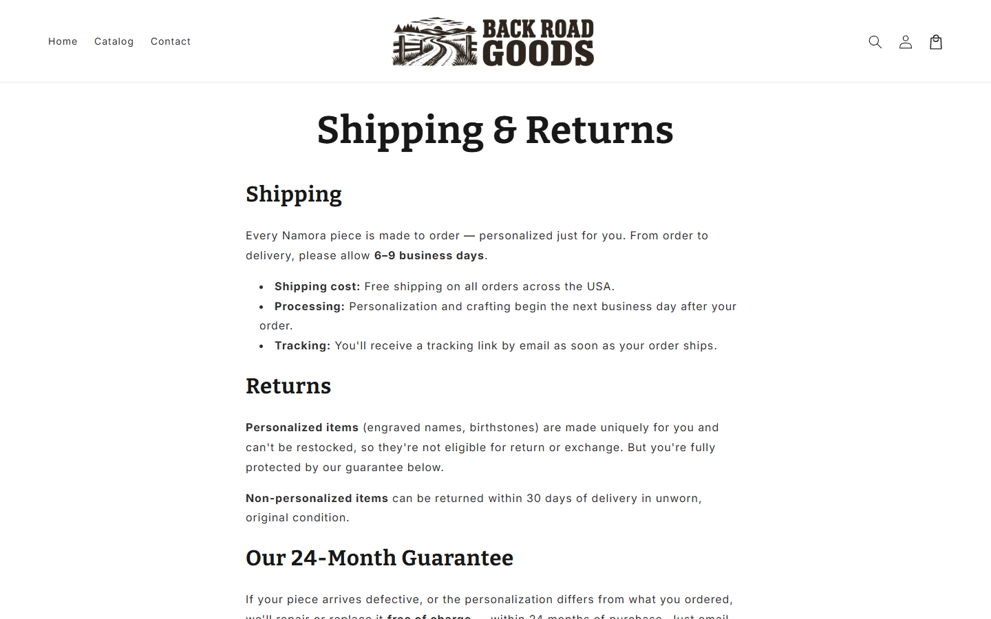 Back Road Goods Review: Handmade Claims, Namora Policies and Buyer Risks 2 Back Road Goods shipping page referring to Namora jewelry and 30-day returns