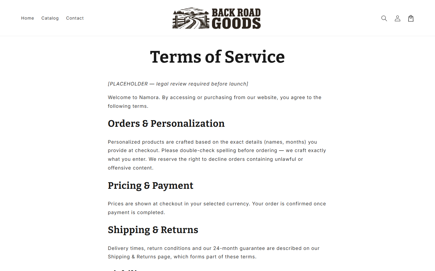 Back Road Goods Review: Handmade Claims, Namora Policies and Buyer Risks 3 Back Road Goods terms page showing a legal placeholder and the unrelated Namora brand