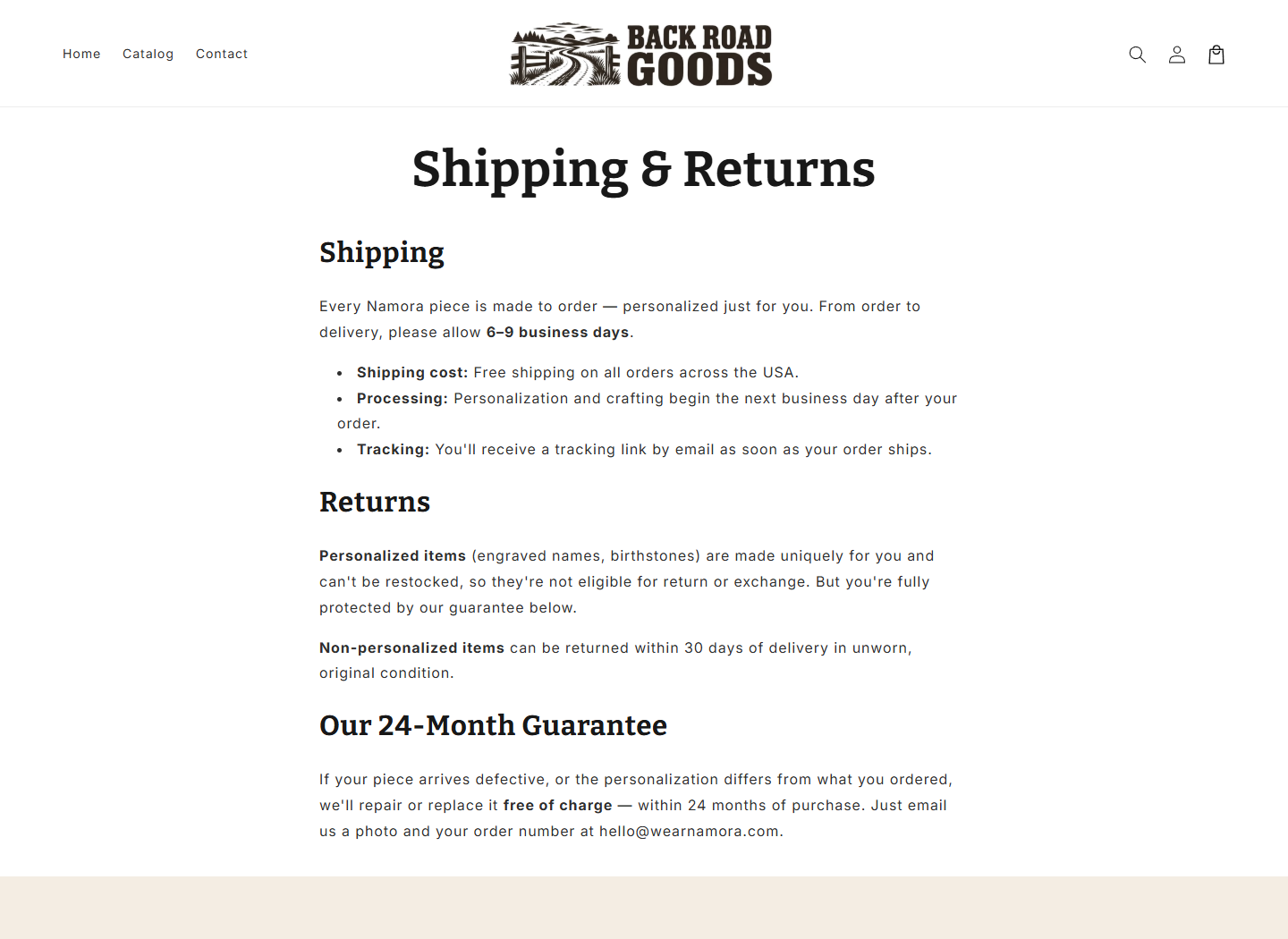 BackRoad Goods Review: Handmade Maker Stories, Returns, and Buyer Risks 4 BackRoad Goods shipping and returns page discussing unrelated Namora products and support email