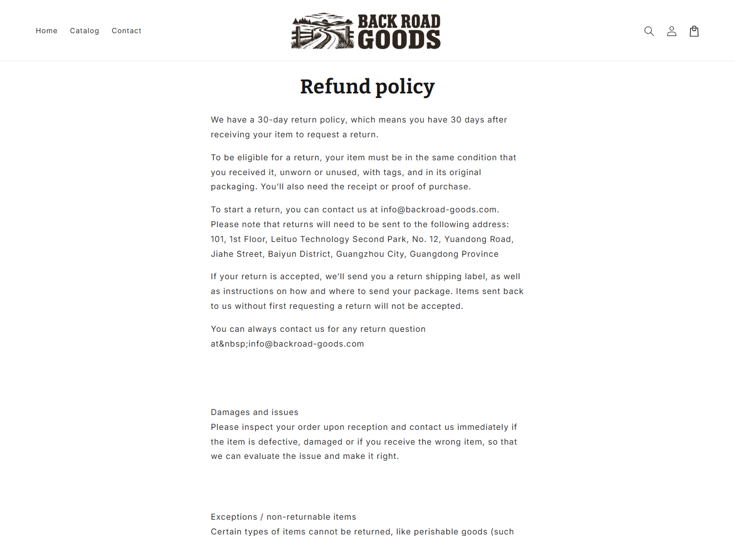 BackRoad Goods Review: Handmade Maker Stories, Returns, and Buyer Risks 5 BackRoad Goods refund policy stating a 30-day window and a return destination in Guangzhou