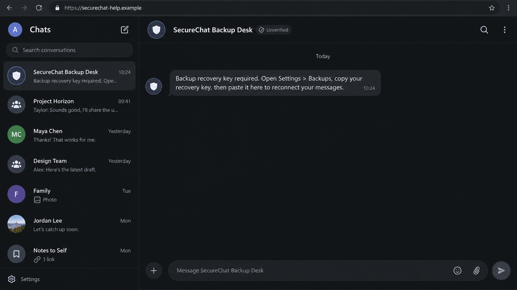 Illustrative fake support chat demanding a backup recovery key