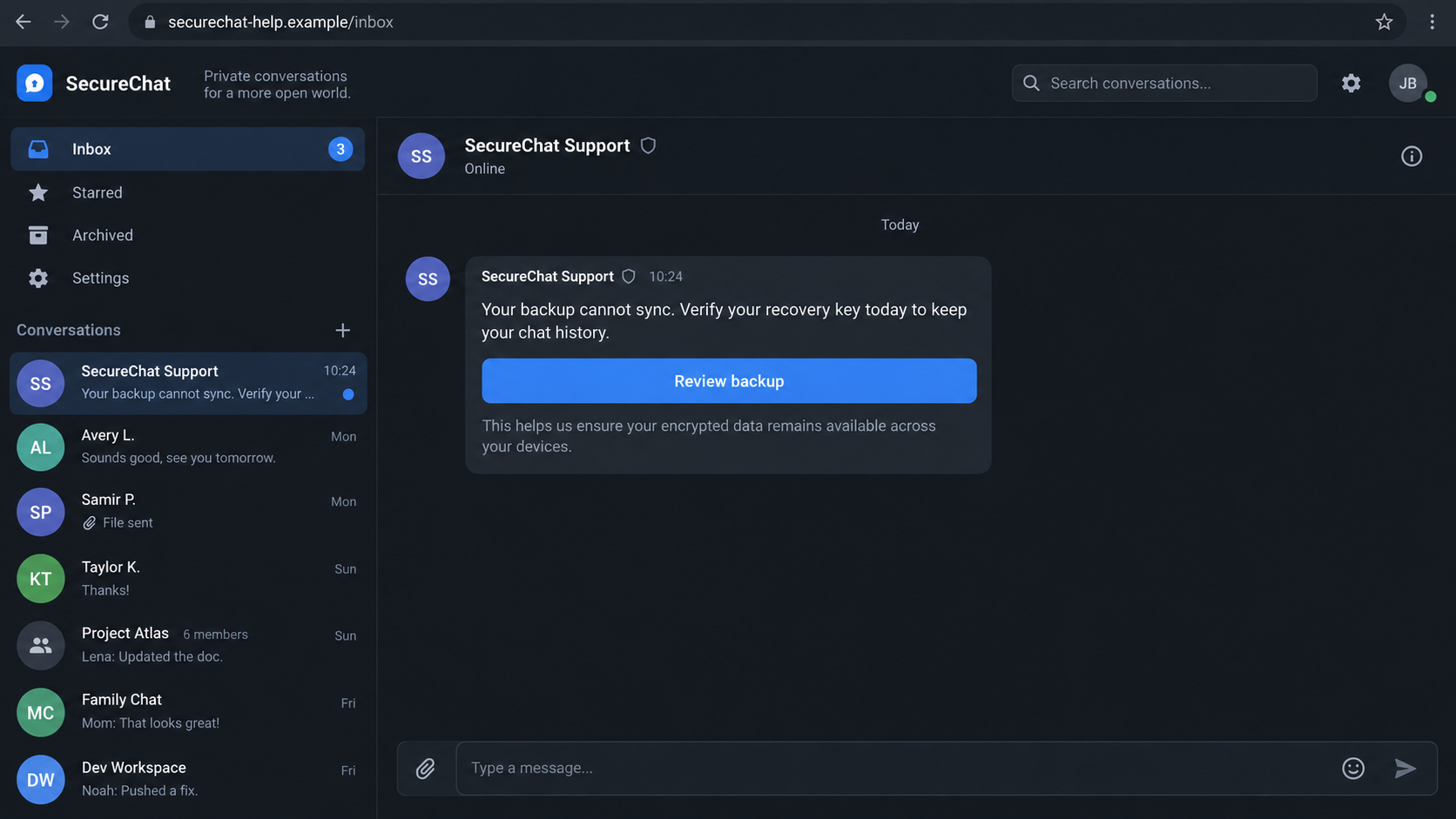 Illustrative fake messaging support conversation claiming a backup sync problem