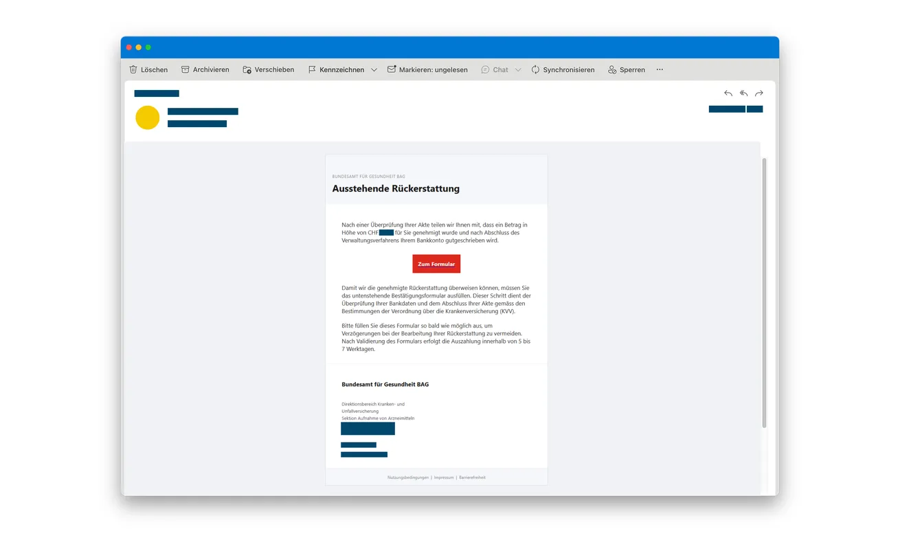 BAG Health Refund Email Scam: A Fake Government Form Wants Your Card Data 1 Original fraudulent BAG refund email with its advertised amount and identifying details redacted by police