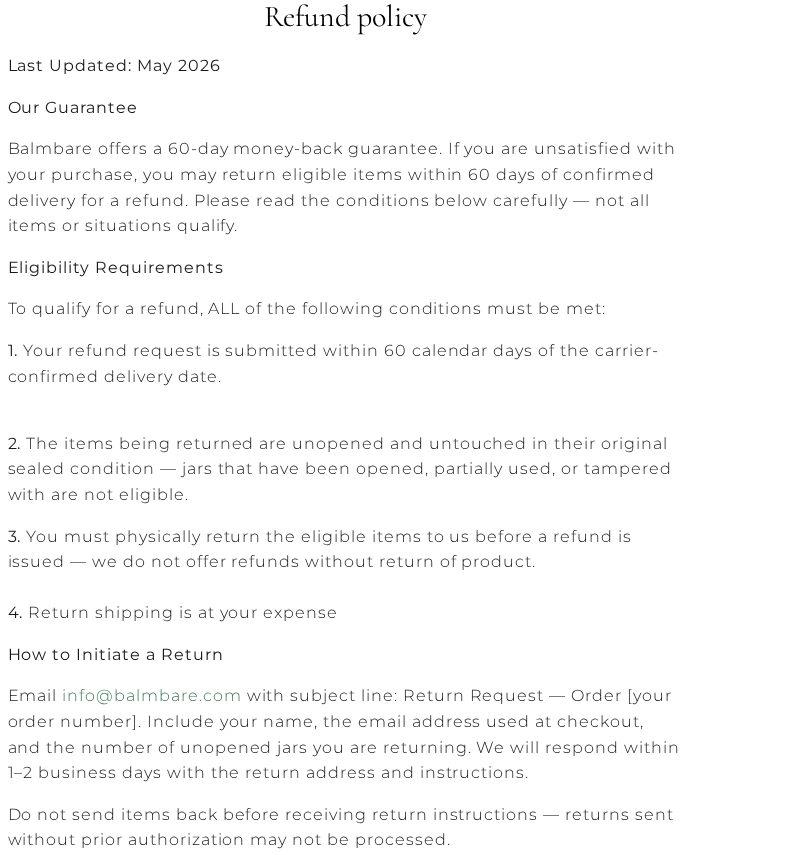 Balmve refund policy showing a sixty-day delivery window, sealed-jar restrictions and customer-paid return shipping