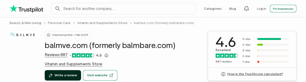 Trustpilot profile naming Balmve formerly Balmbare with eight hundred eighty-seven reviews and a four point six score