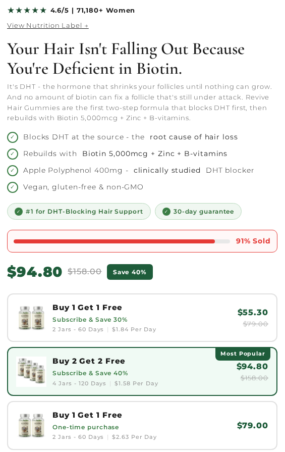 Balmve Revive hair gummy offer showing DHT claims, a selected four-jar subscription and a separate one-time option