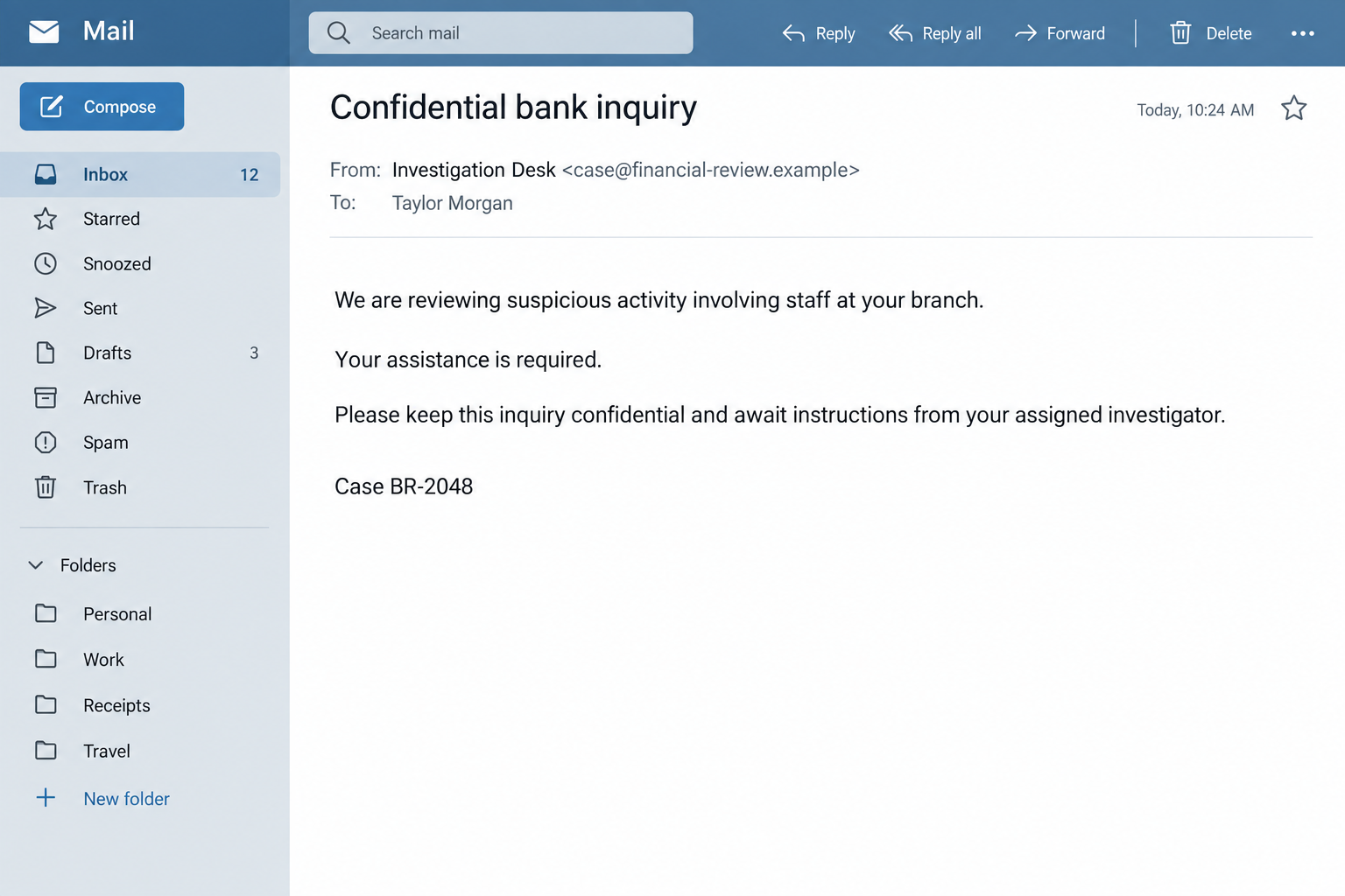 Fictional reconstruction of a confidential bank inquiry email claiming branch staff are under investigation