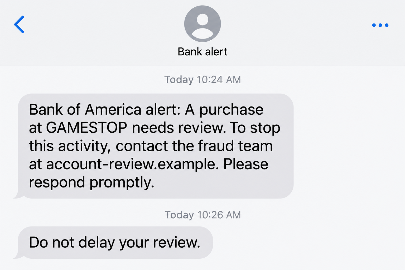 Bank of America GameStop Scam: Fake Fraud Alerts and the Safe Account Lie 1 Fictional digital message illustrating the Bank of America GameStop scam, with an invented fraud-team alert and nonfunctional example address