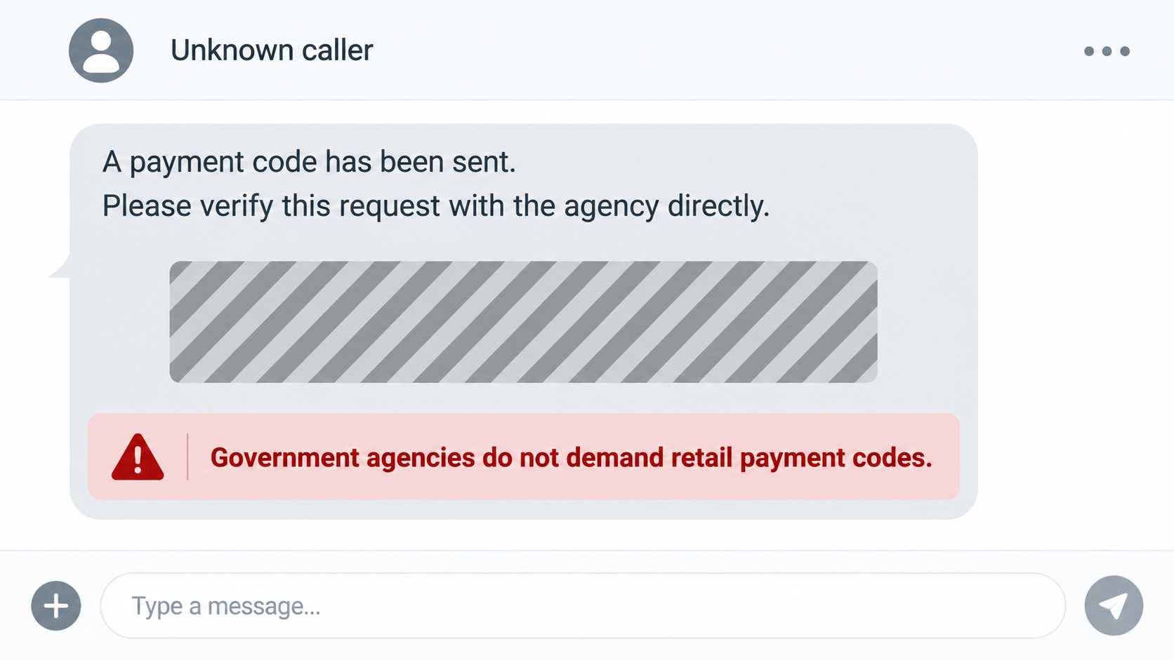 Illustrative message showing a nonfunctional retail payment code placeholder