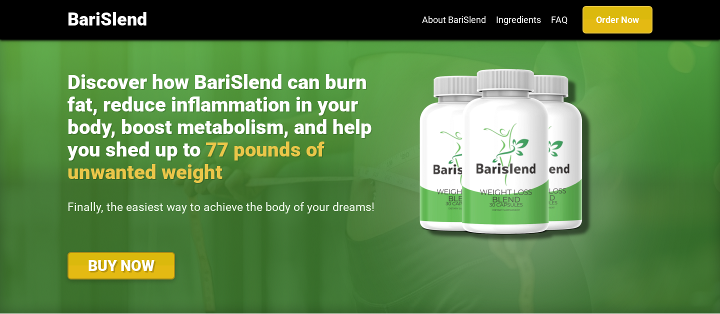 BariSlend capsule sales page promising weight loss of up to 77 pounds