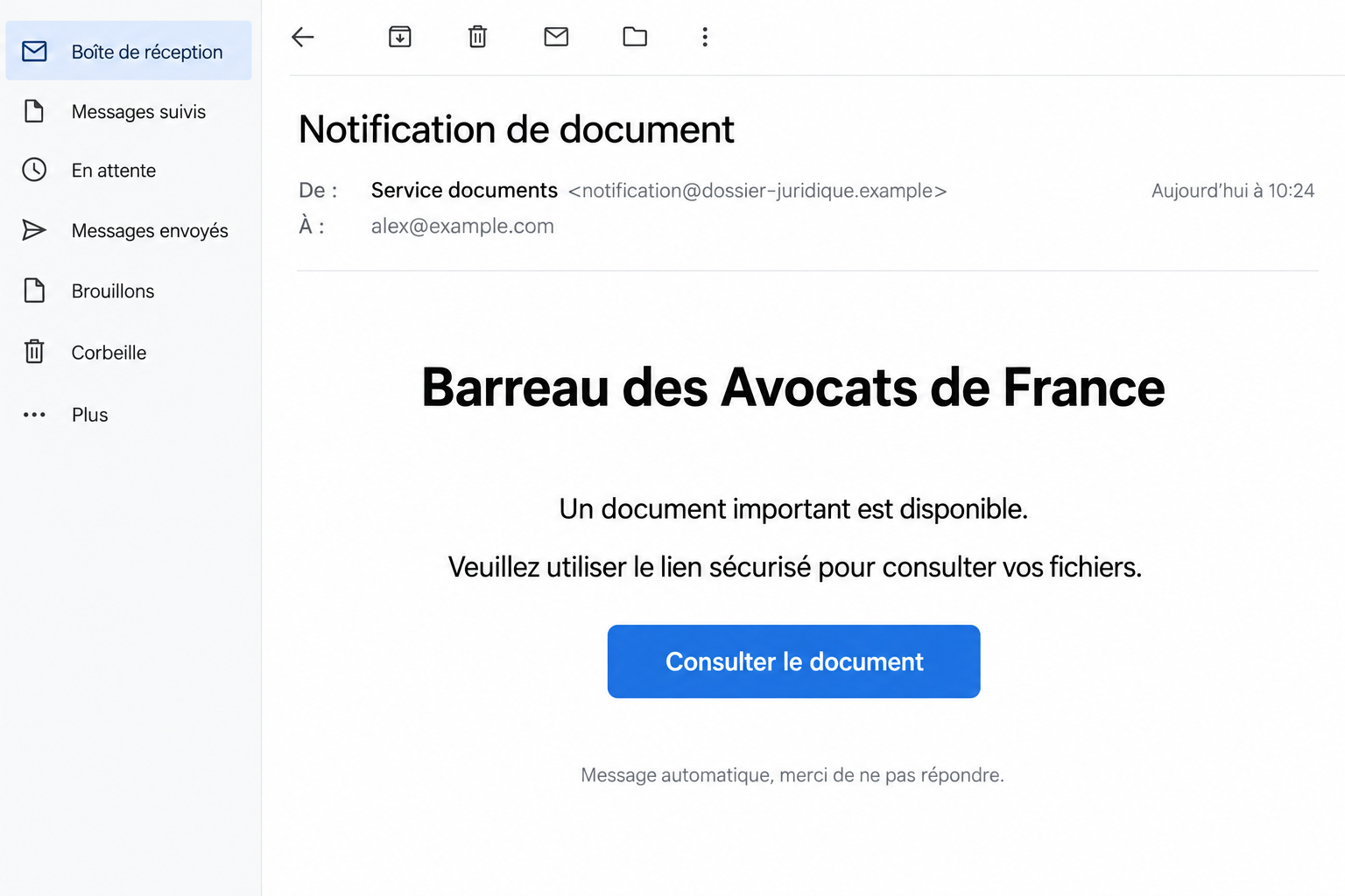Barreau des Avocats de France Email Scam: Fake Legal Document Link Exposed 1 Illustrative French legal-document email using the Barreau des Avocats de France name and a document-access button