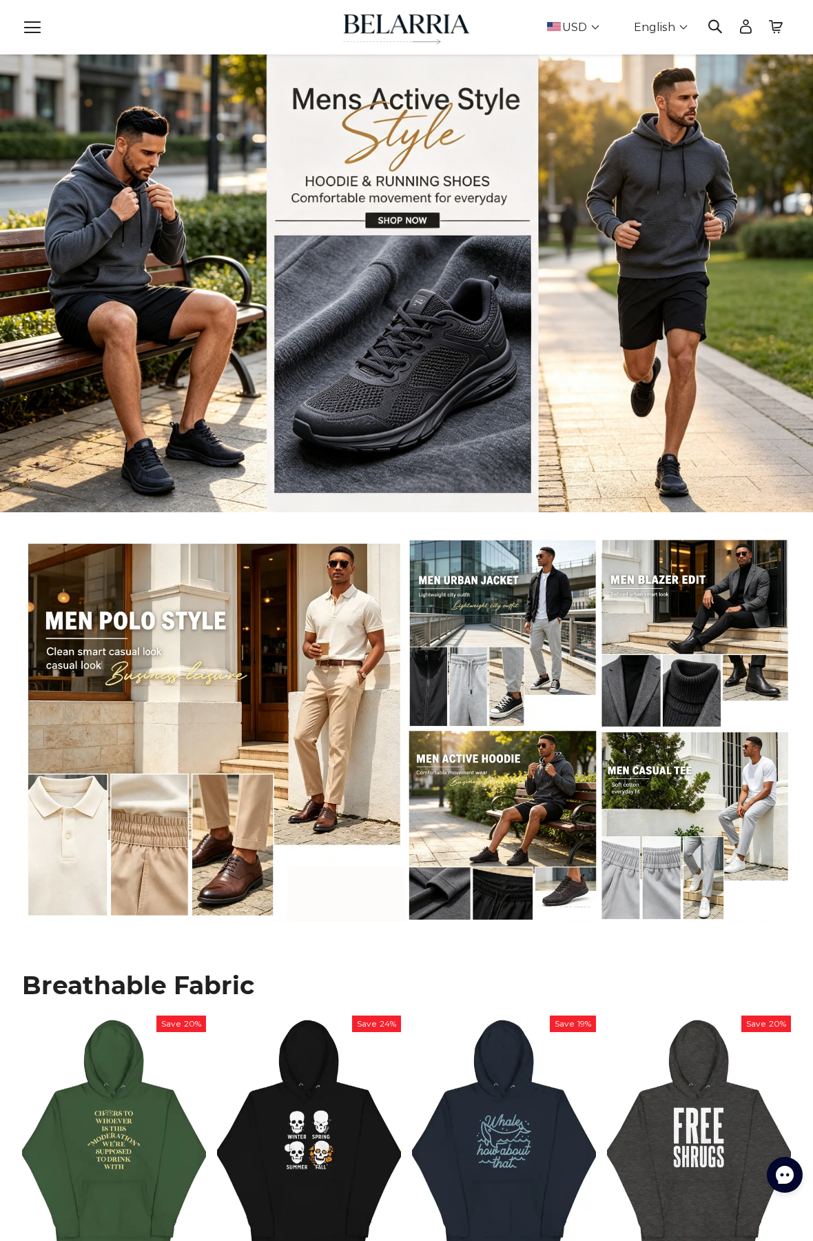Belarria clothing storefront showing styled outfit banners, shoes, hoodies, and discounted products