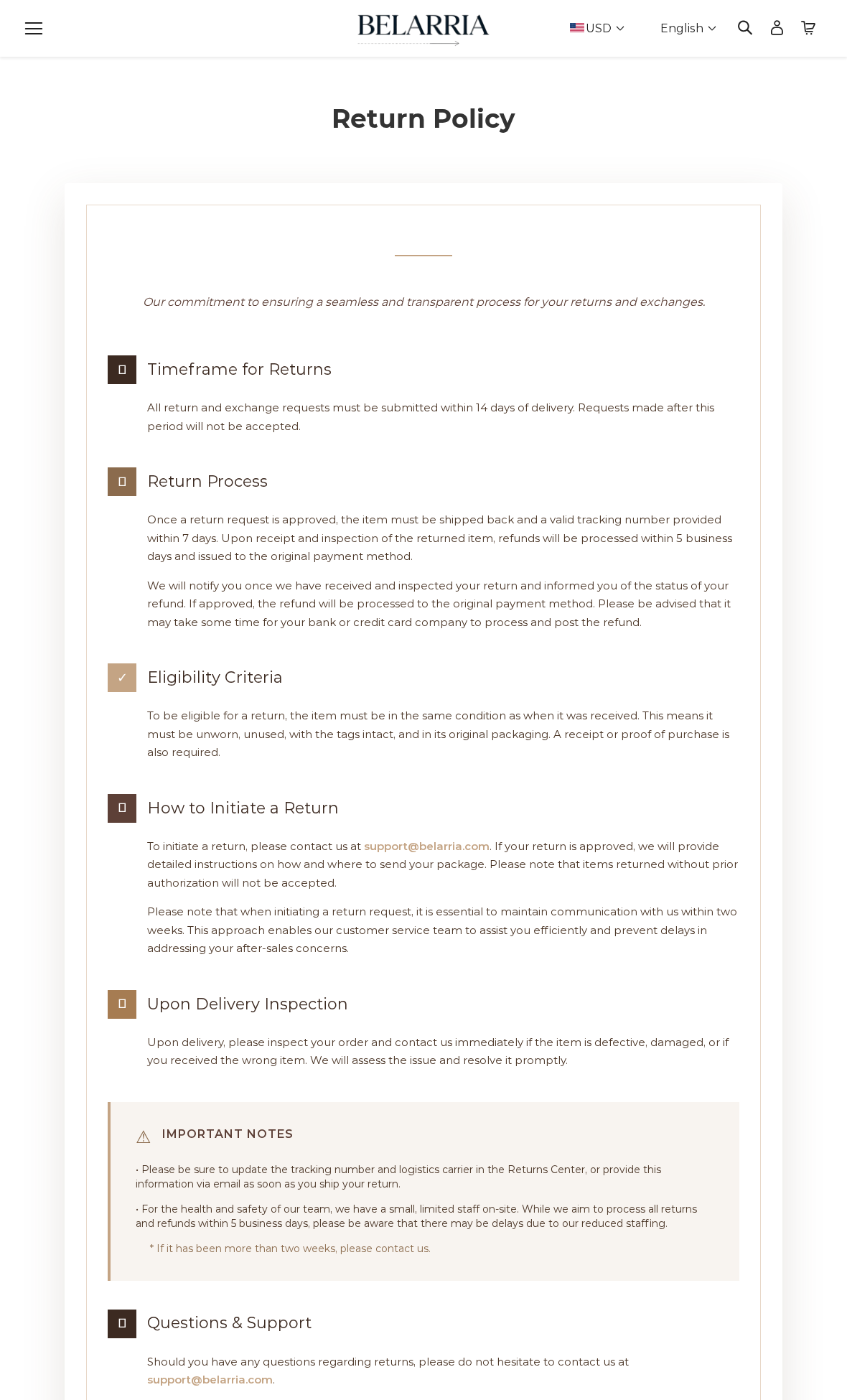 Belarria return policy displaying its 14 day request window, seven day return shipment deadline, and authorization requirements