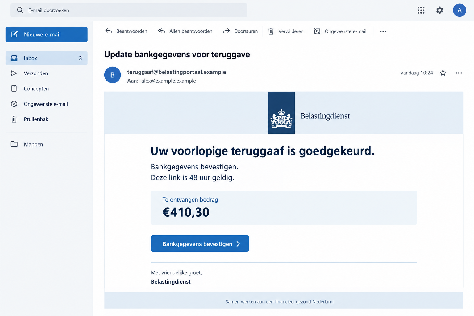Belastingdienst Tax Refund Scam: Fake Bank Checks Promise a False Payout 1 Illustrated Belastingdienst refund email claiming €410.30 awaits banking detail confirmation