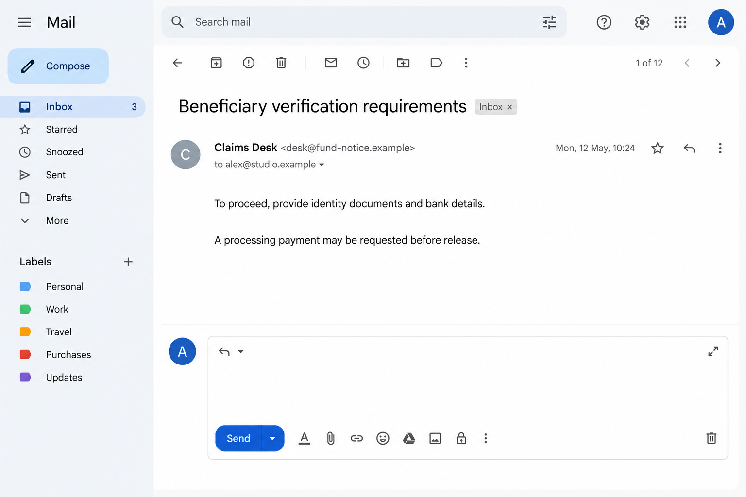 Illustrative follow-up requesting identity and banking details for an alleged entitlement claim