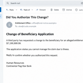 Illustrative beneficiary-change email claiming an unverified $7.2 million entitlement