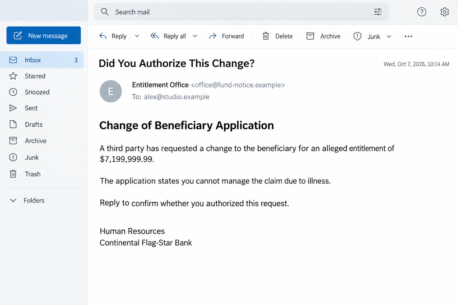 Illustrative beneficiary-change email claiming an unverified $7.2 million entitlement