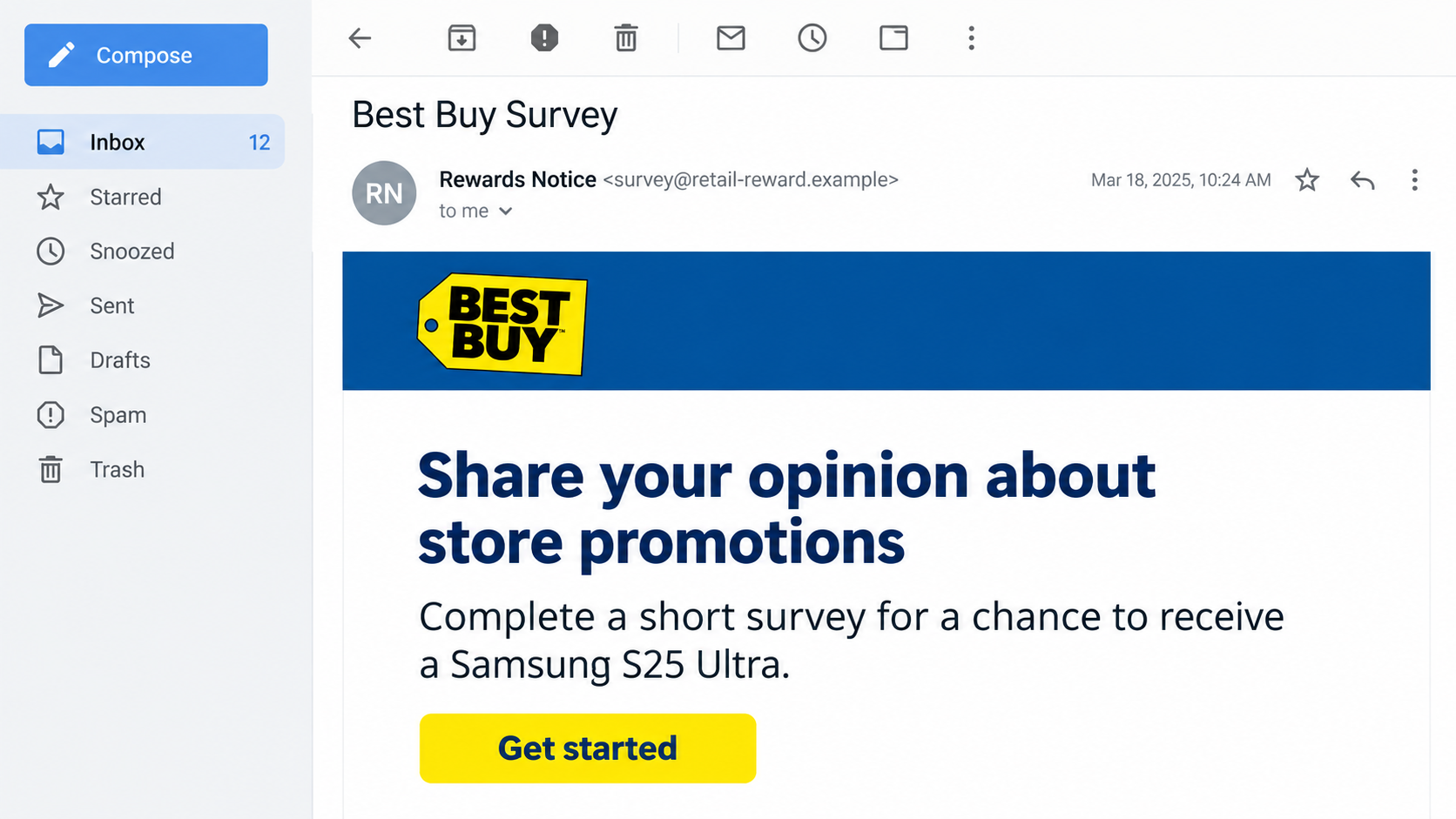 Best Buy Survey Scam EXPOSED: Fake Samsung S26 Ultra Rewards 1 Original illustrative Best Buy survey email offering a Samsung reward through a fictional sender