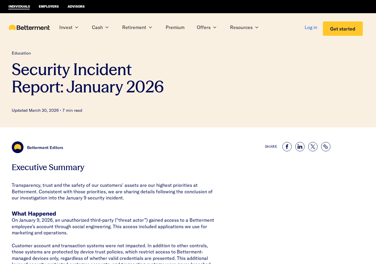Betterment Crypto Message Scam: A Fake Offer Sent Through a Trusted System 1 Authentic Betterment January 2026 security incident report, updated March 30, captured with mt_screenshot