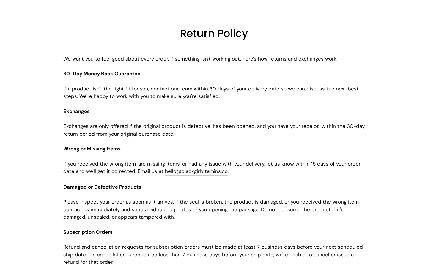 Black Girl Vitamins return policy showing differing return deadlines and the seven-business-day subscription cutoff