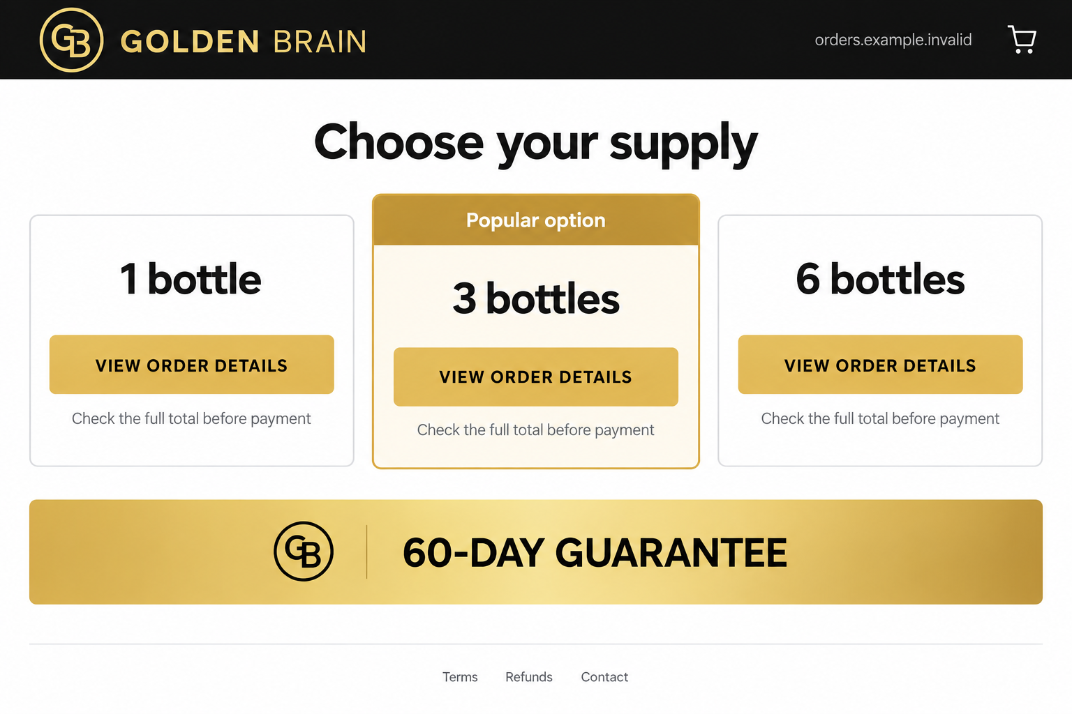 Fictional Golden Brain style supply selection illustration with no verified prices or authenticated billing terms