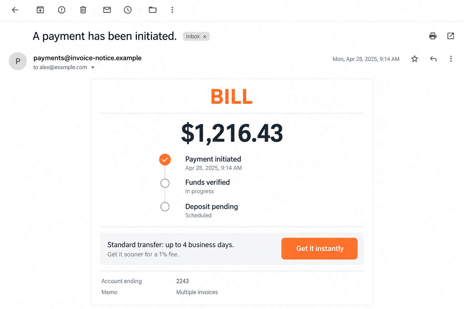 Illustrative BILL payment notice offering faster access to $1,216.43 for a 1% fee, with fictional email addresses