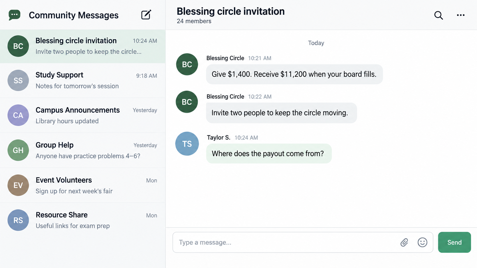 Illustrative reconstruction of a blessing circle invitation promising a larger payout