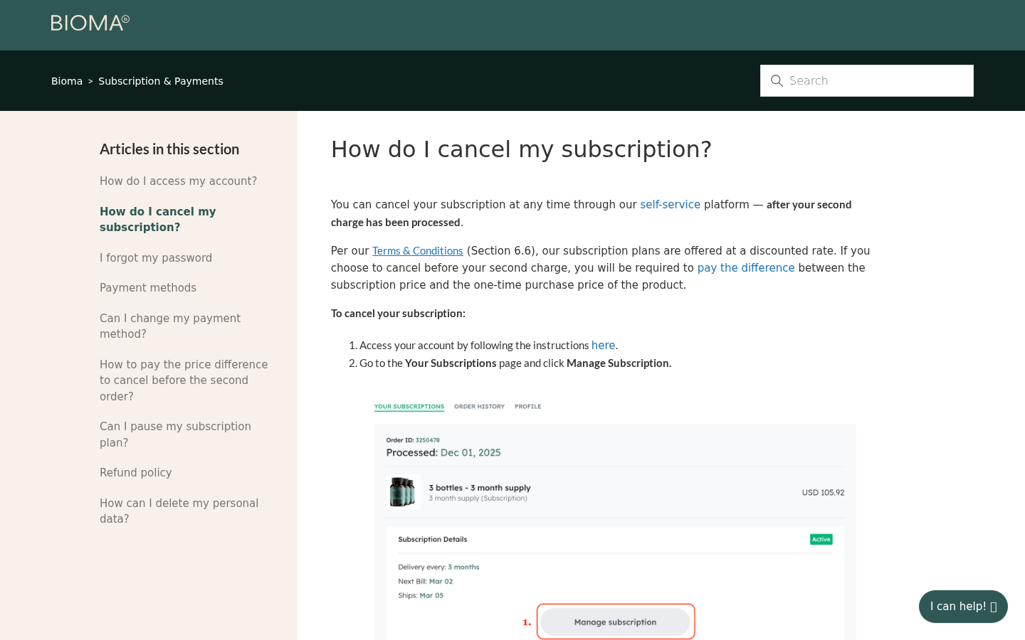 Bioma Probiotics Review: Subscription Lock-In and Refund Limits Exposed 2 Bioma help center instructions and conditions for cancelling a subscription