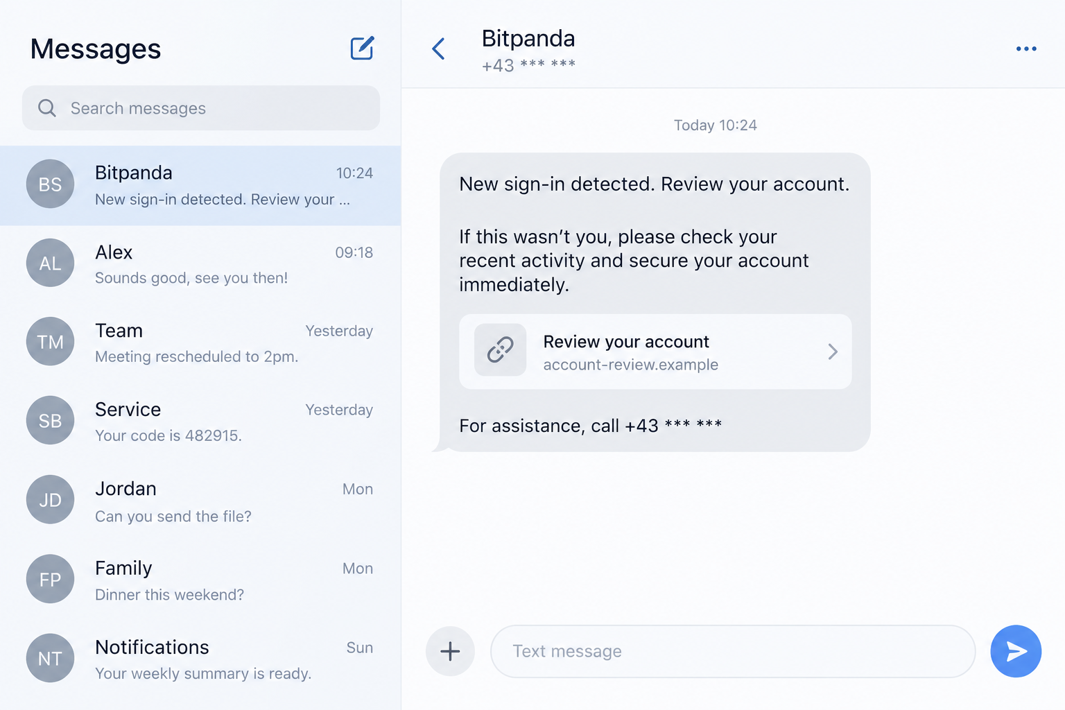 Bitpanda Security SMS Scam: Fake Account Alerts and Safe Wallet Theft Risks 1 Fictional flat-screen Bitpanda security text with a masked callback and unrelated account-review link