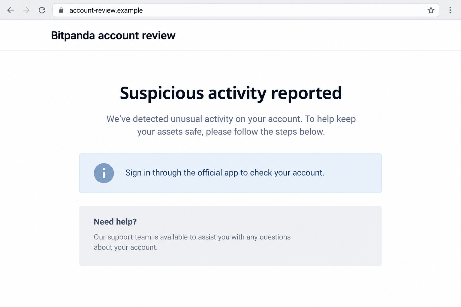 Bitpanda Security SMS Scam: Fake Account Alerts and Safe Wallet Theft Risks 2 Fictional account security page on an unrelated example domain after a Bitpanda-themed alert