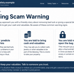 Illustrative screen-only blessing scam safety page showing family threats, valuables requests, and delayed bag opening