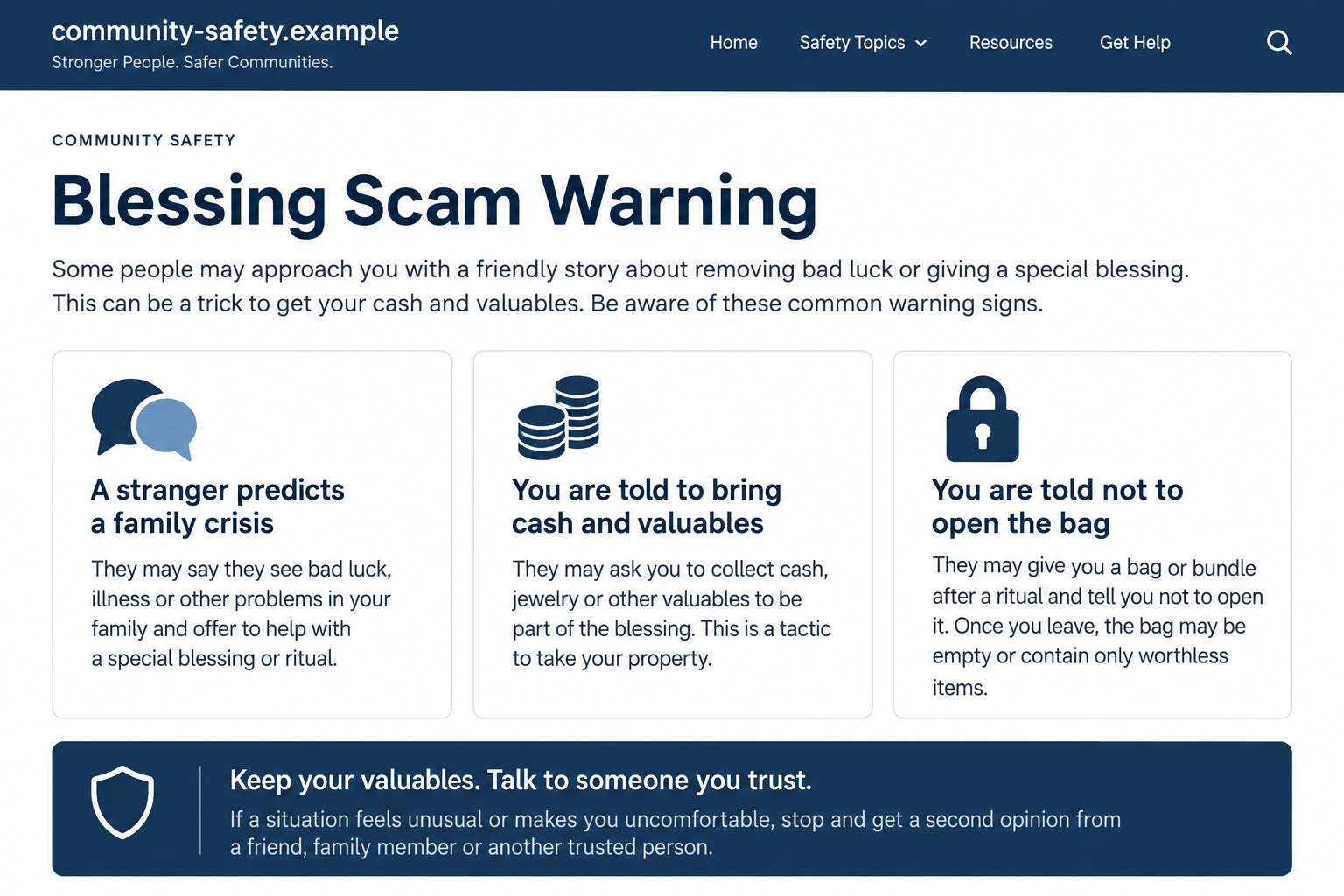 Blessing Scam Explained: How a Family Curse Story Leads to a Bag Switch 1 Illustrative screen-only blessing scam safety page showing family threats, valuables requests, and delayed bag opening