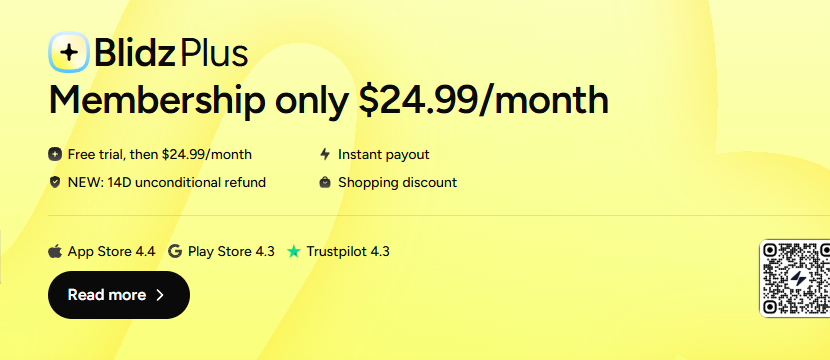 Blidz Membership Review: Free Trial, Recurring Charges, and Refund Limits 1 Blidz Plus offer displaying the trial, monthly membership price, and refund promise