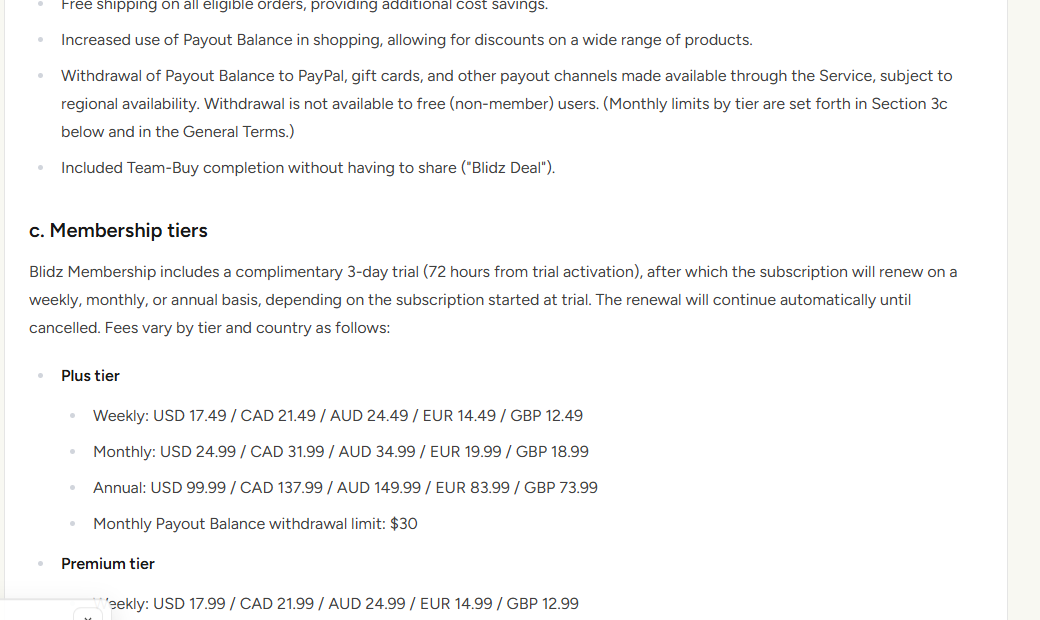 Blidz Membership Review: Free Trial, Recurring Charges, and Refund Limits 2 Blidz membership terms describing trial enrollment, recurring fees, and company details