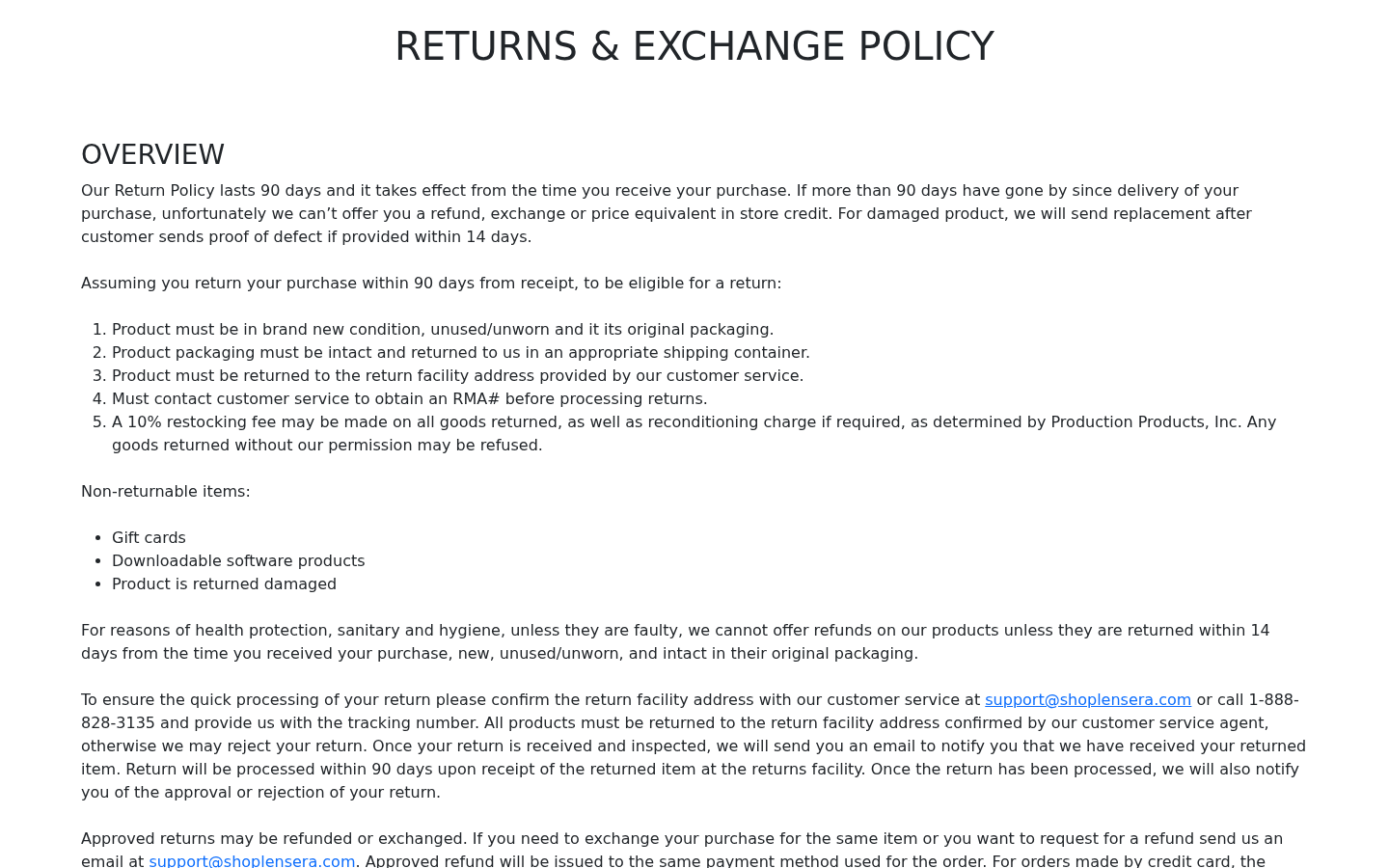 BlueLume seller return policy showing a 90-day headline, unused-condition rules, and a later 14-day hygiene restriction